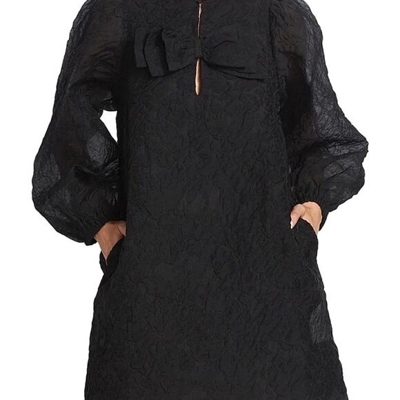 SOMETHING NAVY | Black Textured Organza Shift Dress Bubble Sleeve Bow | Size XXL - Picture 1 of 8